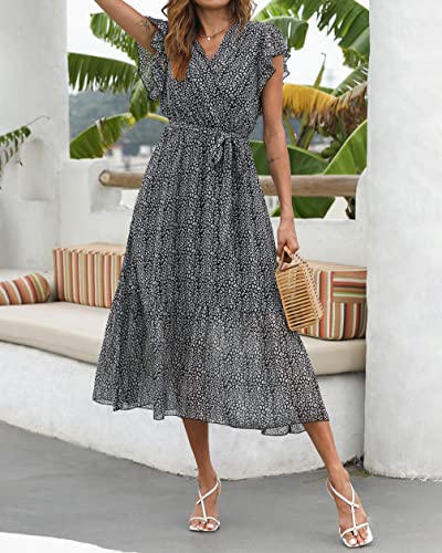 Image of BTFBM Women Summer Bohemian Floral Casual Wrap V Neck Ruffle Cap Sleeveless Belt A-Line Pleated Hem Midi Sun Dress White