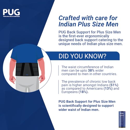 Image of PUG Back Support for Plus Size Men, Lumbar Support Belt for wider body frames, Ergonomically Designed for Plus Size Men, 38% wider back support, Helps in Chronic Back Pain Management, Posture Improvement, Pack of 1, Matte Black
