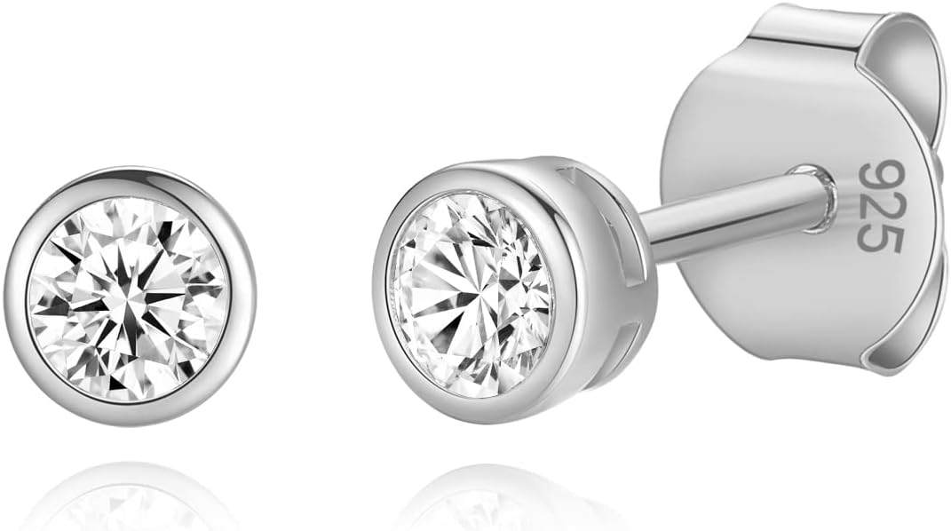 14K Gold Plated 925 Sterling Silver Cubic Zirconia Round Bezel Set Stud Earrings, 2mm to 4mm Stone