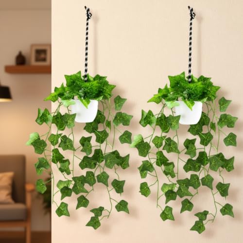 Image of fancymart Artificial Hanging Ivy Plant with White Hanging Pot & Rope, Pack of 2, Realistic Green Leaf Creeper for Home, Office, Living Room & Wall Decor, 60 cm Height