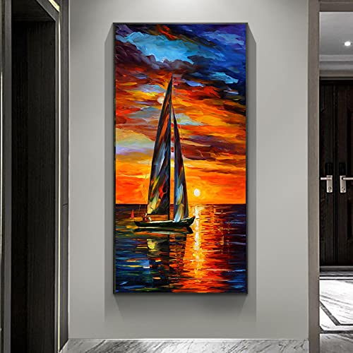 Bateau océan coucher de soleil toile déco murale salon moderne format 60x120 cm - 5