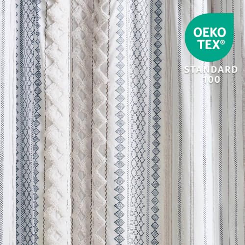 Image of INK+IVY Imani Tufted Chenille 100% Cotton Shower Curtain Boho Bath Curtains for Bathroom, Colorful Stripes Modern Farmhouse Shower Curtain,Bathtub Privacy Screen,Machine Washable 72 inch x 84 inch, White /Navy