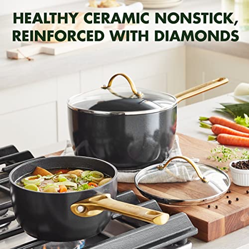 Greenpan Reserve Hard Anodized Healthy Ceramic Nonstick, 1.5Qt And 3Qt Saucepan Pot Set With Lids, Gold Handle, Pfas-Free, Dishwasher Safe, Oven Safe, Black #TOP1