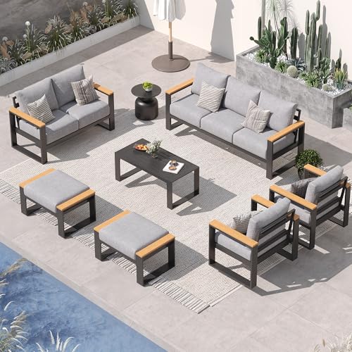 Image of Sundale Outdoor Aluminum Patio Furniture Set, 7 Piece Outdoor Conversation Sets with Coffee Table, Ottoman and Washable Thick Cushions, All Weather Outdoor Sectional Set for Deck, Lawn, Yard (Grey)