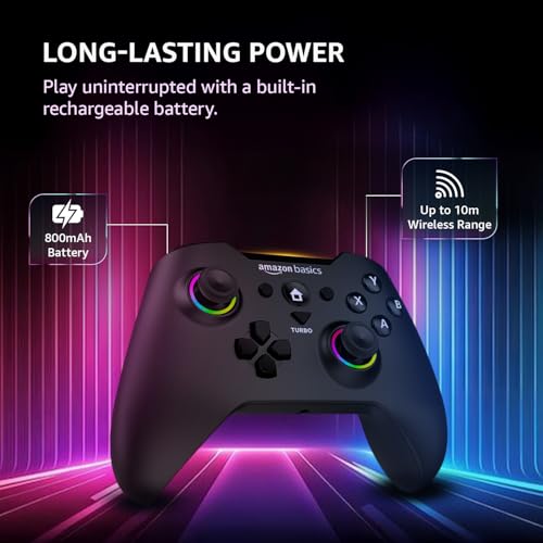 Image of Amazon Basics Pro Series Gamepad with Bluetooth and RGB | 2.4GHz & Wired Modes | Dual Vibration | 6-Axis Gyroscope | Compatible with Switch | Android | PS3 | Windows | Type-C Charging | Black
