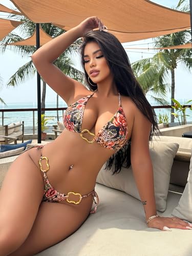 SEGT Women's String Bikini Set 2 Piece Swimsuit Halter Triangle O Ring Leopard Bathing Suits2