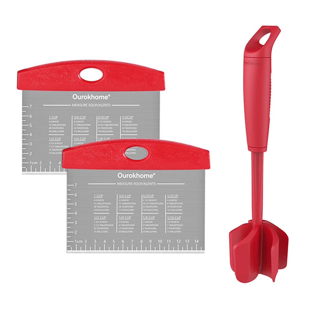 OurokhomePastry Dough Bench Scraper Knife and Hamburger Meat Chopper Stirrer Heat Resistant 5 Curved Blades, measurement markings and the conversion chart, Dishwasher Save