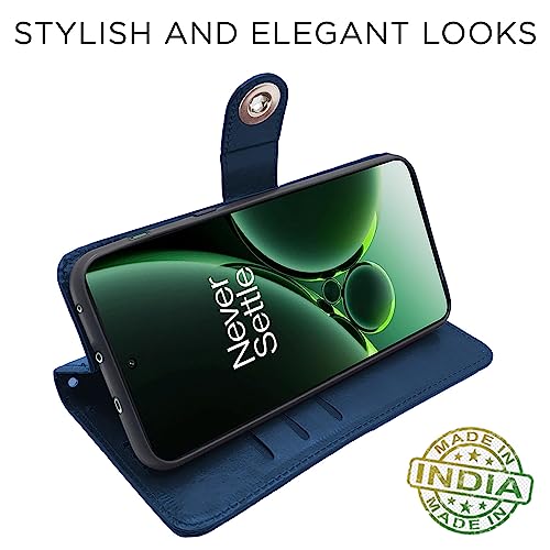 Image of Pikkme OnePlus Nord 3 5G Flip Cover Leather Finish | Inside TPU with Card Pockets | Wallet Stand and Shock Proof | Complete Protection Button Flip Case (Blue)