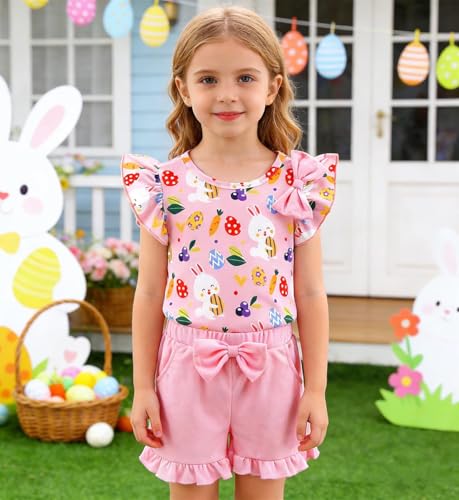 Image of Barlver Girls 2 Piece Short Set Baby Girl Summer Clothes Ruffle Sleeve T-Shirt and Bow Knot Shorts Toddler Girl Outfit Set