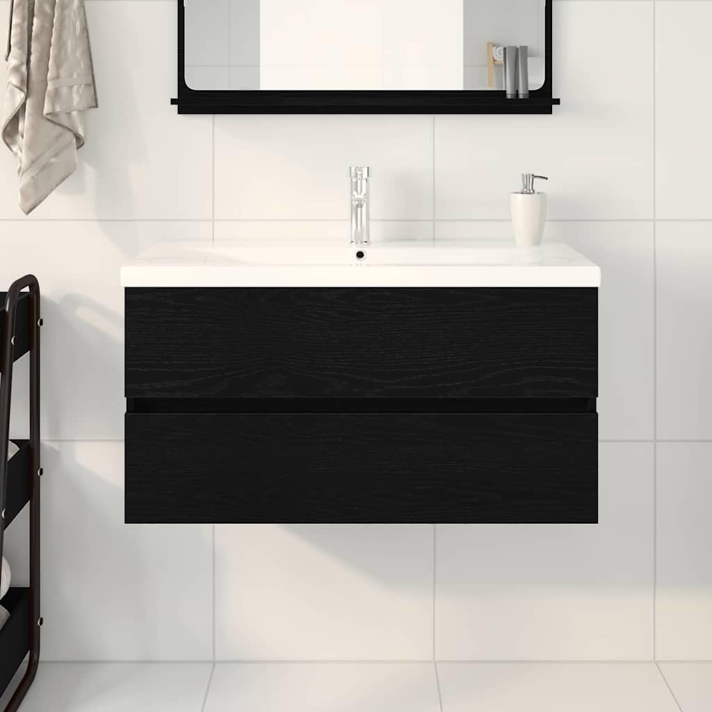 Armario de lavabo de madera de roble negro, 90 x 39 x 62 cm, armario bajo montado en la pared con espacio de almacenamiento para cuarto de baño, moderno mueble de baño con puertas con bisagras