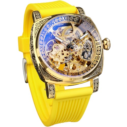 Image of FORSINING Fancy Watches for Men, Square Retro Mechanical Watch Self-Wind Carved, Gear Movement Golden Skeleton Automatic Watches Vintage Leather Strap Wrist Watch