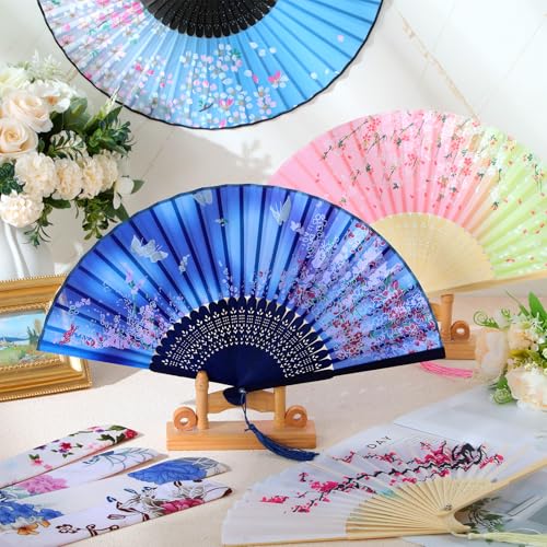 image for Zonon 4 Pack Handheld Floral Folding Fans Hand Held Silk Bamboo Fans w