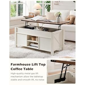 OKD 48 Farmhouse Lift Top Coffee Table with Sliding Barn DoorRustic Center Table with Hidden Storage CompartmentLifting Tabletop and Adjustable Shelf for Living RoomOfficeAntique White
