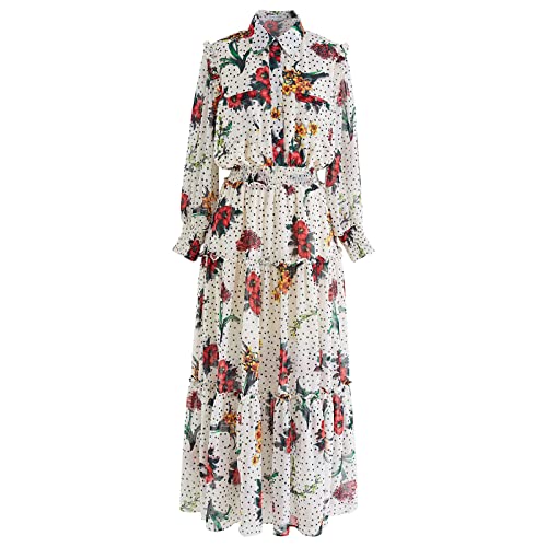 CHICWISH Women's Polka Dot Floral Printed Chiffon Maxi Dress