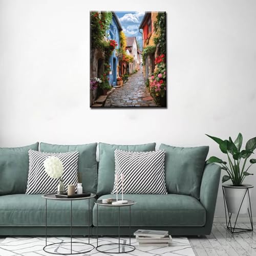 Image of Tucocoo Italian Town Street Paint by Numbers for Adults Kids Beginners Color House DIY Paint by Number Kits on Canvas Green Vines Arts Crafts for Home Room Wall Decor16''x20''inch Frameless