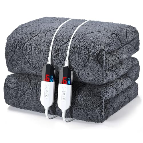 bedsmile Heated Mattress Pad Queen Size with Dual Control - Sherpa Quilted Electric Mattress Pad Cover - Auto Shut Off Bed Warmer with Deep Pocket, Fast Heating, Machine Washable, Gray