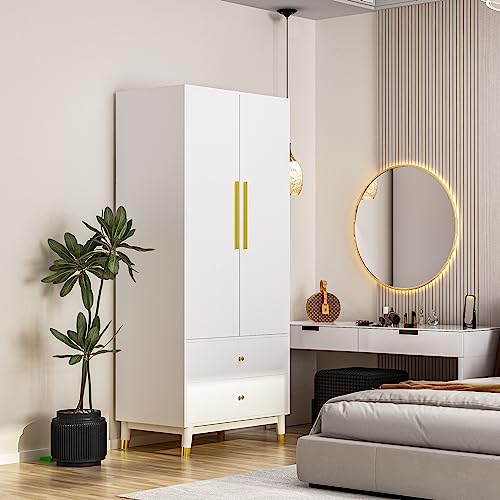 Homseewardrobearmoirewith2doors2drawershangingrod2compartmentswoodenclosetstoragecabinetwithgoldhandlesforbedroomwhite315lx191wx711h  Urban Country Home Decor Homsee wardrobe armoire with 2 doors 2 drawers hanging rod 2 compartments wooden closet storage cabinet with gold handles for bedroom white 315l x 191w x 711h  urban country home decor