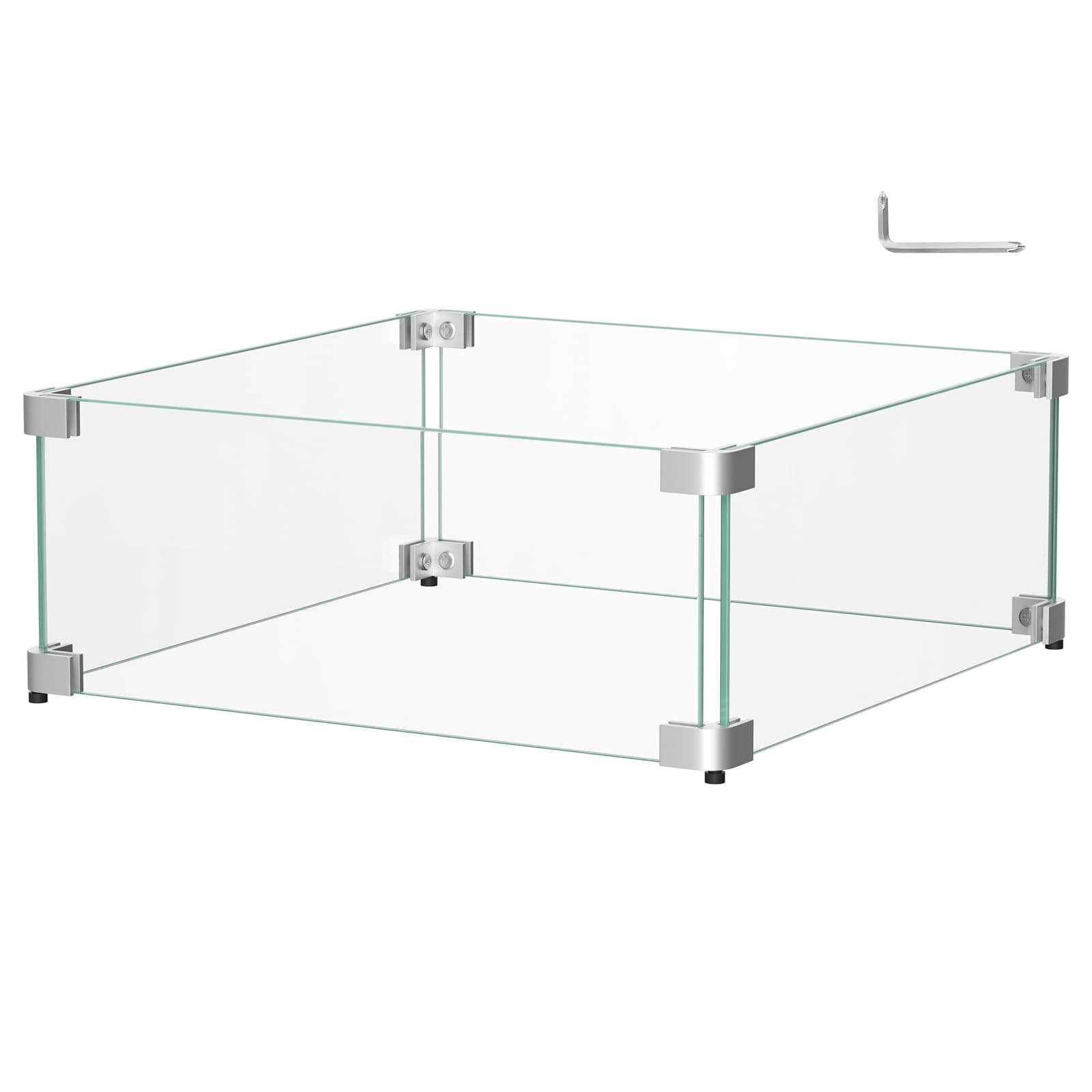 Protector de viento de vidrio de 16 x 16 x 6 pulgadas para mesa de fogata de gas propano, escudo cuadrado de vidrio templado grueso, barrera de vidrio para chimenea con soporte de esquina