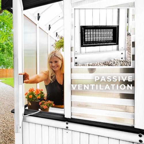 Image of Backyard Discovery Bellerose 9' x 6' White Cedar Wood and Polycarbonate Walk-in Greenhouse Kit with Pergola, Exhaust Fan, Window, Hose Hook-Ups, PowerPort, Staging Shelves for Outdoor Gardening