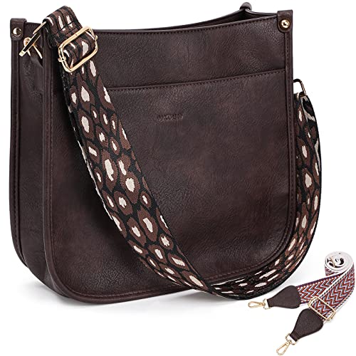 Image of HKCLUF Crossbody Bags for Women Trendy Vegan Leather Hobo Handbags With 2PCS Adjustable Guitar Strap Shoulder Bucket Bags