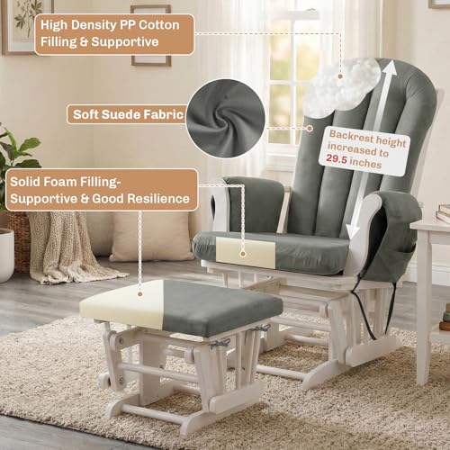 Image of 5PCS Suede Glider Rocker Replacement Cushions with 29.5 inch High Backrest & Side Pockets, Thickened Soft Glider Rocking Chair Cushions with Ottoman Cushion for Indoor Nursery Rocking Chair, Grey