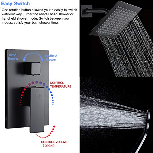 POP SANITARYWARE Black Shower System Bathroom Rainfall Shower Faucet Set Complete Wall Mounted 8 Inch Shower Head and Handle Set with Rough-in Valve Body and Trim Kit