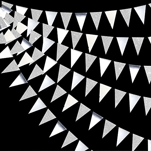30 Ft Silver Party Decorations Glitter Metallic Paper Triangle Banner Flag Garland Pennant Bunting For Graduation Wedding Engagement Anniversary Bachelorette Birthday Baby Bridal Shower Party Supplies #TOP4