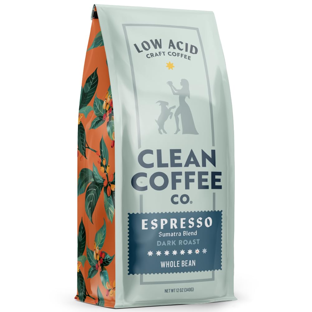Clean Coffee Co. - Low Acid Espresso Roast, Tested for Molds and Toxins, Sumatra Blend, Notes of Dark Chocolate, Caramel, Toasted Sweetness (Whole Bean, 12 oz Bag) Espresso - Whole 12 Ounce (Pack of 1)