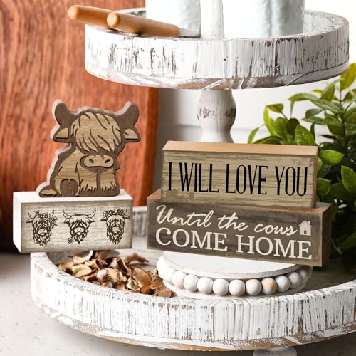 Image of Moucuny 4 Pcs Highland Cow Table Decorations Rustic Western Tiered Tray Decor Decorative Highland Cow Block Signs Western Tabletop Centerpieces Farmhouse for Home Desk Room Kitchen Shelf Decor