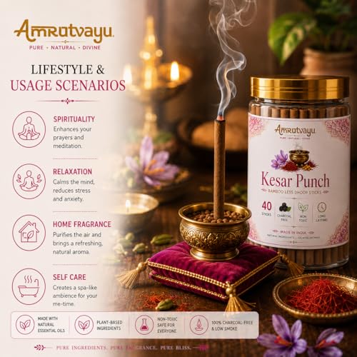 Image of Kesar Punch Dhoop Sticks 4 inch 6mm Bamboo Less Incense Incense for Pooja 40 Sticks | No Charcoal Sticks with Holder Stand | Fragrance for Home, Mediation Relaxation