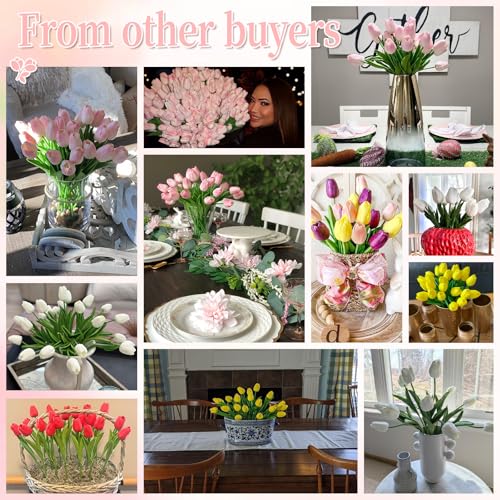 Image of White Fake Tulips Artificial Flowers - 24 Pcs Artificial Silk White Tulips Faux Flowers with Stems for Home Wedding Hotel Office Centerpiece Decor Easter Decorations