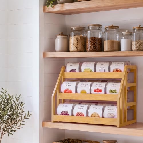 HOMESTEAD-Bamboo-Can-Organizer-for-Pantry-3-Tier-Rack-with-Adjustable-Dividers-Gravity-Feed-Canned-Goods-Organizer-36-Cans-Soda-Storage
