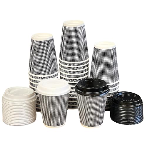 HOT BARGAINS 12oz Disposable Coffee Cups with Reusable lids, 360ml Triple Layered Recyclable Paper Cups, Black and White Ripple Design, 100 Count