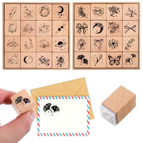 Yuanan 32 PCS Wooden Rubber Stamp Set, Rubber Stamps for Crafting Moon Star Botanical Decorative Craft Stamps Vintage Journaling Stamp for Crafting Arts and DIY Crafts, Journals, Card Making