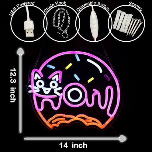 Image of Cat Donut Neon Sign Donut Cat Neon Light Donut Light Sign Dimmable Donut LED Neon Light for Bakery Shop Decor Nursery Room Game Room Wall Art 14 inchx12.3 inch