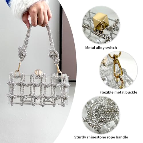 Image of Rhinestone Acrylic Clutch Sparkly Silver Evening Bag, Clear Purse with Bling Rope Perfect for Bridal Prom Club
