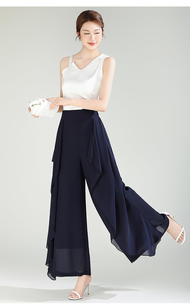 Chiffon Rockhose mit Hohem Bund, Rüschen, Elastischem Bund Hinten, Fließendem, Weitem Bein, Palazzo Culottes, Knöchellang, Lässige Kleiderhose für Strand, Hochzeit, Resort und Freizei