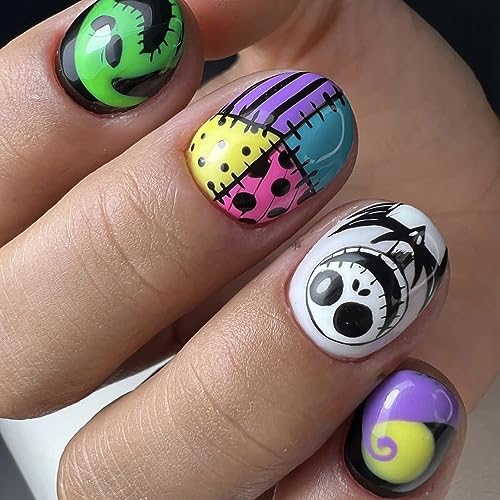 Halloween Press on Nails Short Nightmare Christmas Nails Ghost Fa...