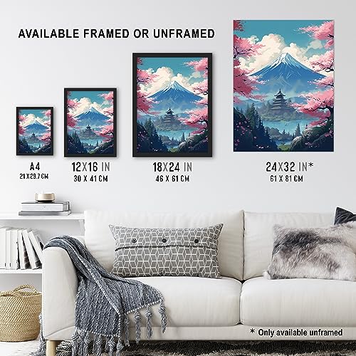 Artery8 Japanese Temple on Mount Fuji Lake Painting Green Blue Pink Cherry Blossom Trees Blooming in Tranquil Forest Landscape Extra Large XL Wall Art Poster Print - Image 3