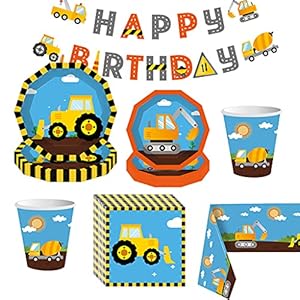 Amycute 58-delige partyset – bouwplaats – kinderverjaardag met 8 kinderen: borden bekers servetten feestzakken banner…