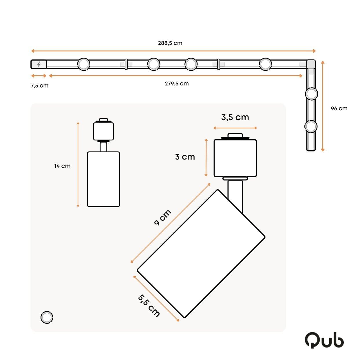 Qub Focus III 1-Phasen Led Schienensystem - 400cm - 6x GU10 Spots Schienensystem lampen - 4x 1m Lichtschienensystem - L-Form - Deckenstrahler Weiß - Erweiterbar & flexibel - LED-kompatibel