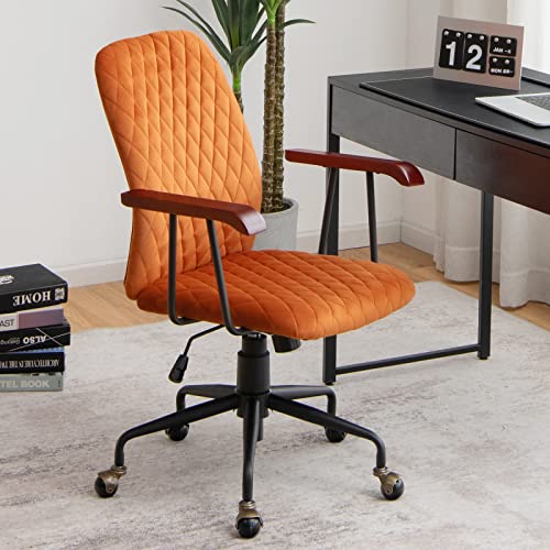 Giantex Home Office Desk Chair Orange, Vintage Adjustable Swivel Rolling Chair With Copper Wheels & Armrest, Mid Century Leisure Chair, Velvet Upholstered Computer Chair For Work, Study #TOP6