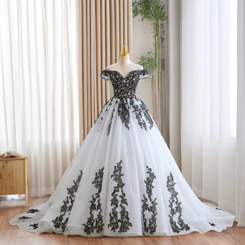 Off Shoulder Boho Plus Size Wedding Dresses Lace Appliques White and Black Wedding Gowns Tulle Bridal Dresses2