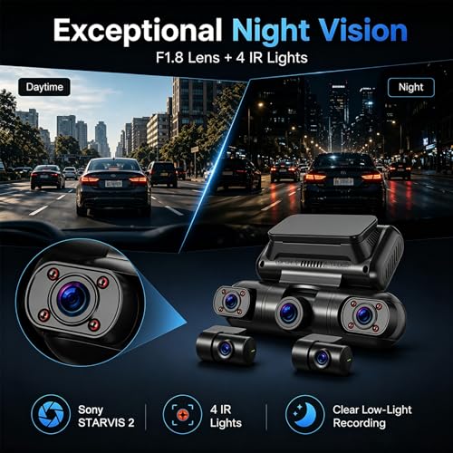 Image of PRUVEEO 5 Channel Dash Cam Front and Rear Inside Left Right, 4K 360 Dash Camera for Cars, Built-in GPS WiFi Night Vision, 24 /7 Recording Parking Mode Monitor, 128G Card Included