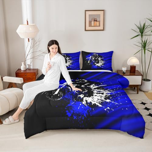 Image of Feelyou Kids Blue Black Ombre Comforter Set Twin Size, Dirt Bike Bedding Set Motocross Duvet Insert Boys Girls Teens Bedroom Decor Bed Set 2Pcs