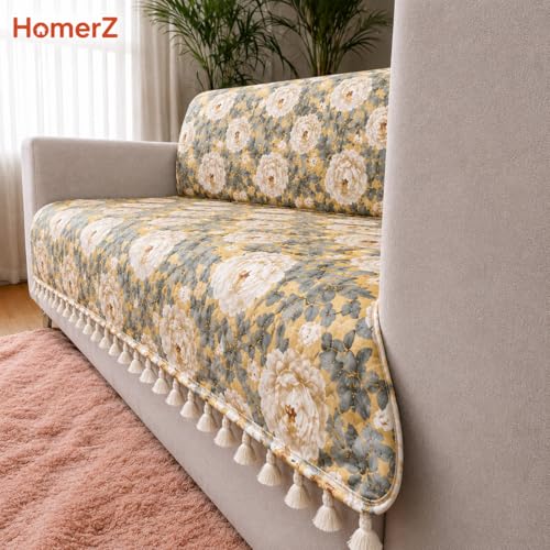 Image of Homerz Premium Printed Quilted Velvet Sofa Slip Cover Protector with Tassels, Sofa Mat, Exact Size, Antislip Cover (Antique Garden, 2 Seater, Full)