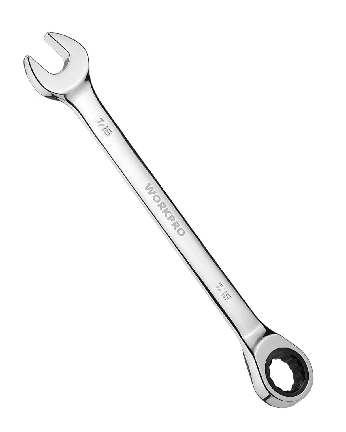 WORKPRO 7/16" Ratcheting Combination Wrench SAE, CR-V Constructed with Mirror Polish Chrome Plating, 12-Point Design, 15-Degree Offset