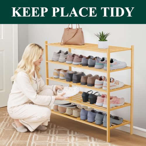 Image of Smiry Bamboo Shoe Rack, 5 Horizontal Slats, 5 Tier - 33.9 inch Wide, Natural