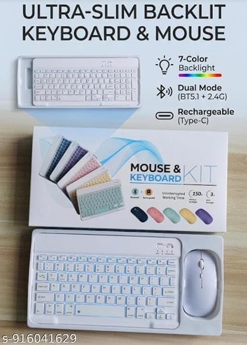 Image of Wireless Mouse and Keyboard Combo Set | Ultra Slim Rechargeable Bluetooth 5.1 and 2.4G Dual Mode Multi Device | 7 Color Backlit Ergonomic Keyboard for Laptop Desktop Tablet