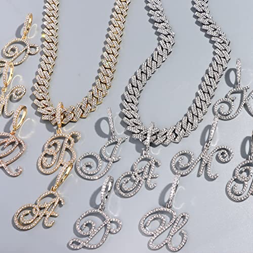 Gold Silver Plated Initial Cuban Link Chain Necklace for Women Cursive Letter Gold Miami cuban link chain Iced out chain with pendant for women4